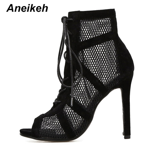 Fashion Basic  High Heels Pumps Sexy Hollow Out Mesh Lace-Up Cross-tied Boot