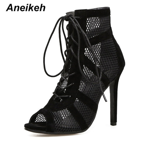 Fashion Basic  High Heels Pumps Sexy Hollow Out Mesh Lace-Up Cross-tied Boot
