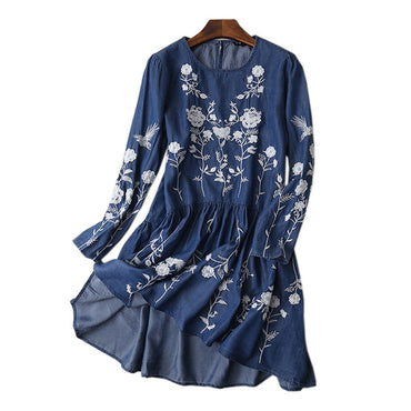 Casual Denim Dresses Long Sleeve Vintage Ethnic Floral Embroidery