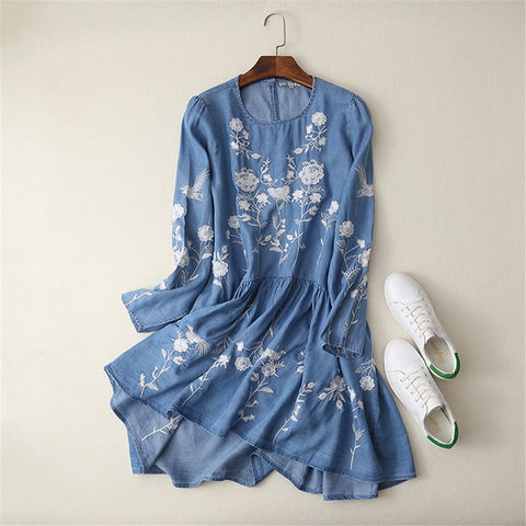 Casual Denim Dresses Long Sleeve Vintage Ethnic Floral Embroidery