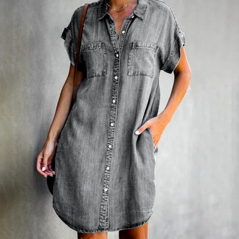Short Sleeve Pockets  Denim Dress Loose Style vestidos