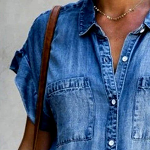 Short Sleeve Pockets  Denim Dress Loose Style vestidos
