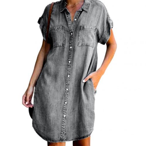 Short Sleeve Pockets  Denim Dress Loose Style vestidos