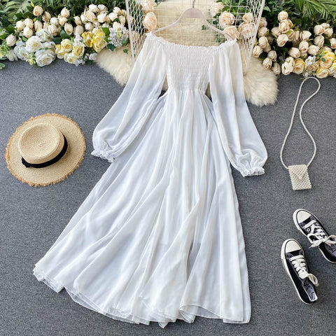 White Dress Elegant Fairy Chiffon Off Shoulder Dress Maxi Vintage