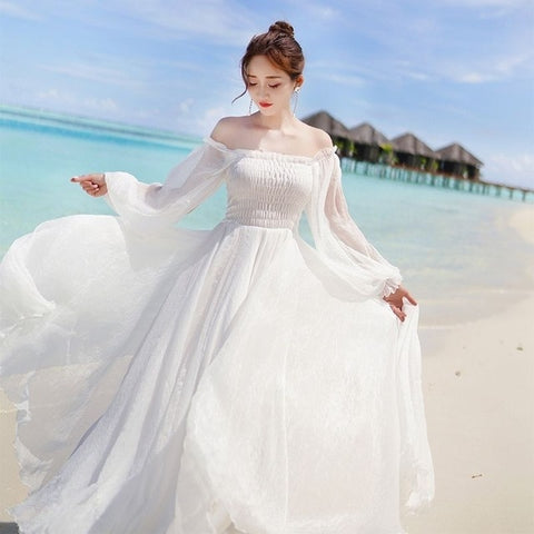 White Dress Elegant Fairy Chiffon Off Shoulder Dress Maxi Vintage