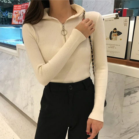 Knitted Zipper High Neck Sweater Pullovers Turtleneck Basic