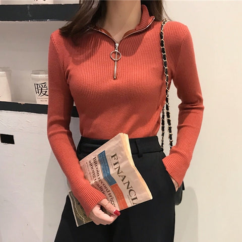 Knitted Zipper High Neck Sweater Pullovers Turtleneck Basic