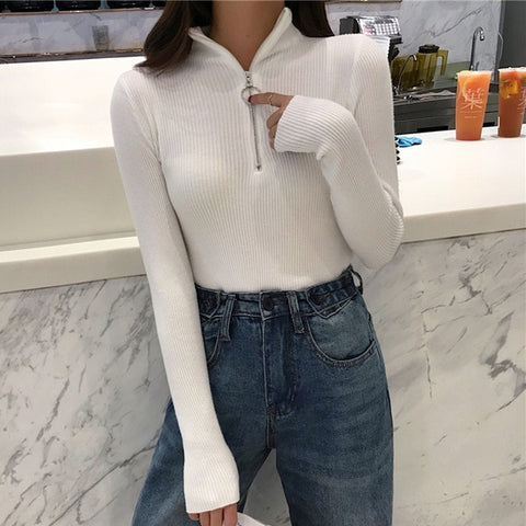 Knitted Zipper High Neck Sweater Pullovers Turtleneck Basic