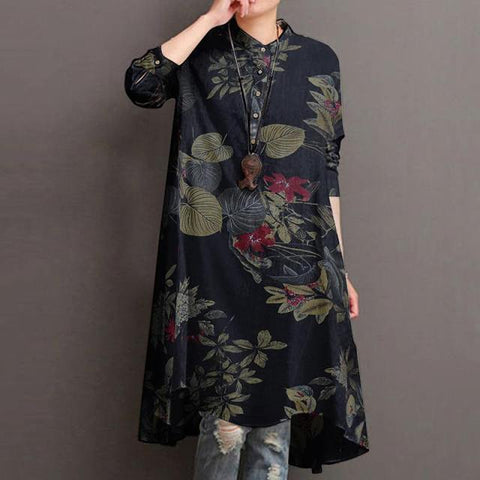Women's Floral Blouses Elegant Shirt Vestidos Casual Long Sleeve