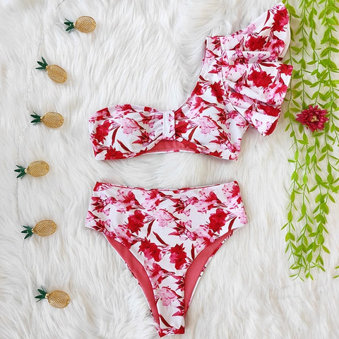 High Waist Bikini Ruffle Swimwear Women Print Bathing Suits Floral