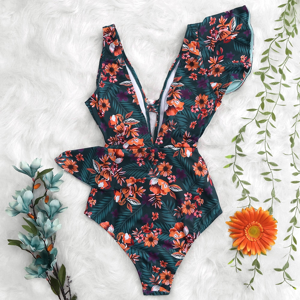 Print Swimwear Deep V-neck Ruffle Swimsuit Push Up One Piece