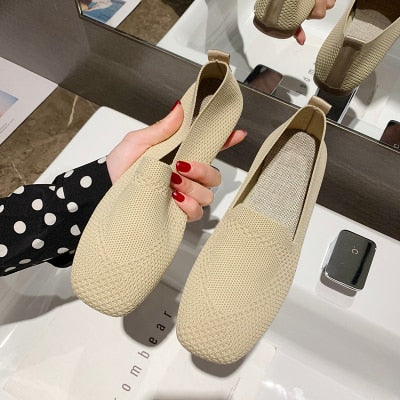 Plus Size Ballet Flats Women Square Toe Knit Fabric Loafers Breathable Flat