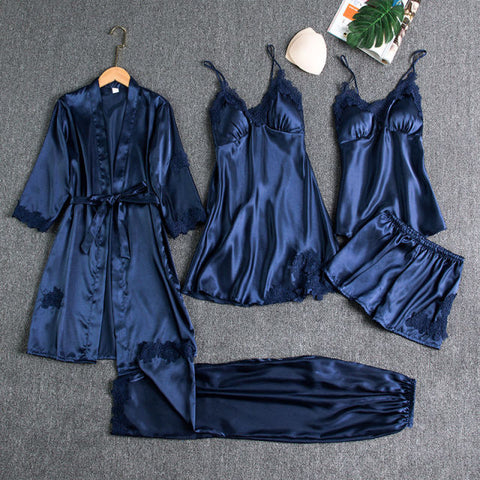 Sleepwear Female 5PCS Pajamas Set Satin Lace Patchwork