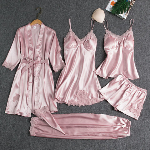 Sleepwear Female 5PCS Pajamas Set Satin Lace Patchwork