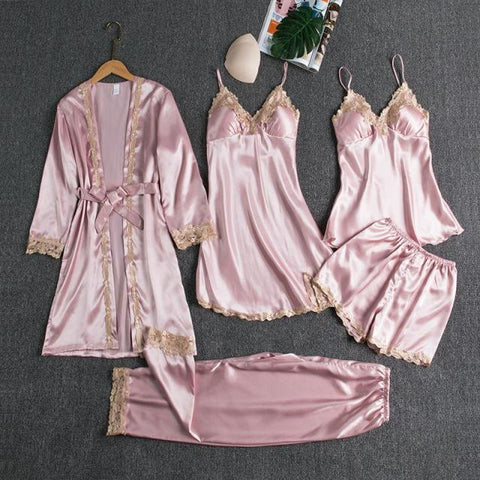 Sleepwear Female 5PCS Pajamas Set Satin Lace Patchwork