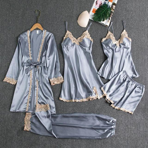Sleepwear Female 5PCS Pajamas Set Satin Lace Patchwork