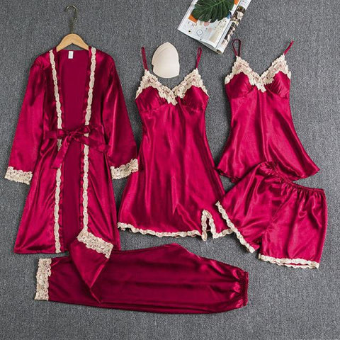 Sleepwear Female 5PCS Pajamas Set Satin Lace Patchwork