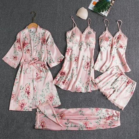 Sleepwear Female 5PCS Pajamas Set Satin Lace Patchwork