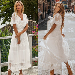 Hollow Out White Long Lace Dress Cross Semi-Sheer Lace Maxi Dress