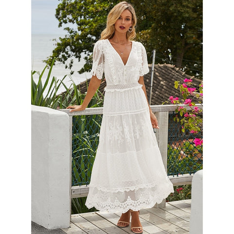 Hollow Out White Long Lace Dress Cross Semi-Sheer Lace Maxi Dress