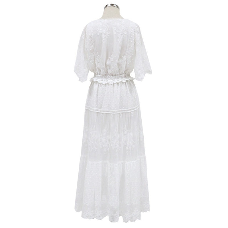 Hollow Out White Long Lace Dress Cross Semi-Sheer Lace Maxi Dress