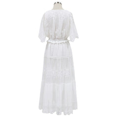 Hollow Out White Long Lace Dress Cross Semi-Sheer Lace Maxi Dress