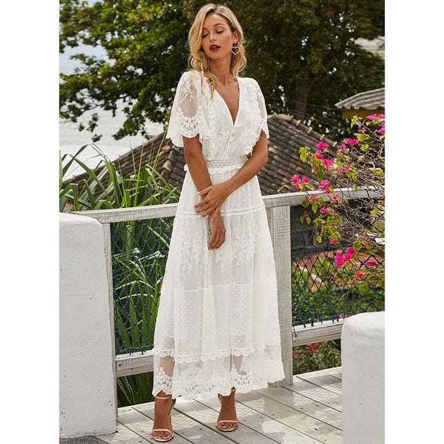 Hollow Out White Long Lace Dress Cross Semi-Sheer Lace Maxi Dress