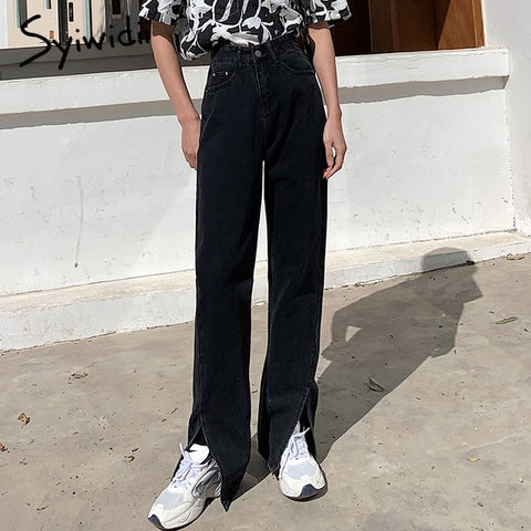 Flare Jeans Women Denim Pants High Waisted Slit Leg Vintage Streetwear