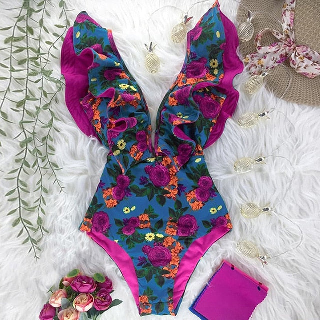 Print Swimwear Deep V-neck Ruffle Swimsuit Push Up One Piece