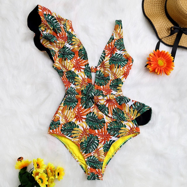 Print Swimwear Deep V-neck Ruffle Swimsuit Push Up One Piece