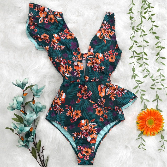 Print Swimwear Deep V-neck Ruffle Swimsuit Push Up One Piece