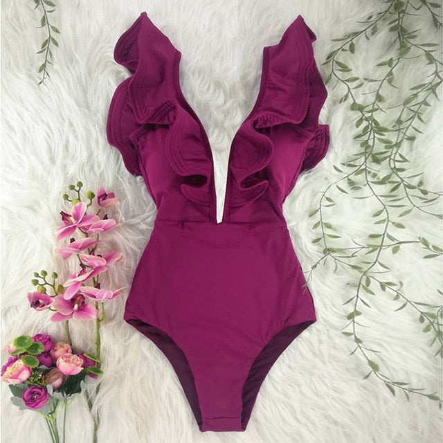 Print Swimwear Deep V-neck Ruffle Swimsuit Push Up One Piece