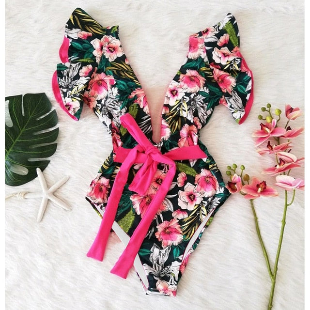 Print Swimwear Deep V-neck Ruffle Swimsuit Push Up One Piece