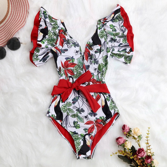 Print Swimwear Deep V-neck Ruffle Swimsuit Push Up One Piece