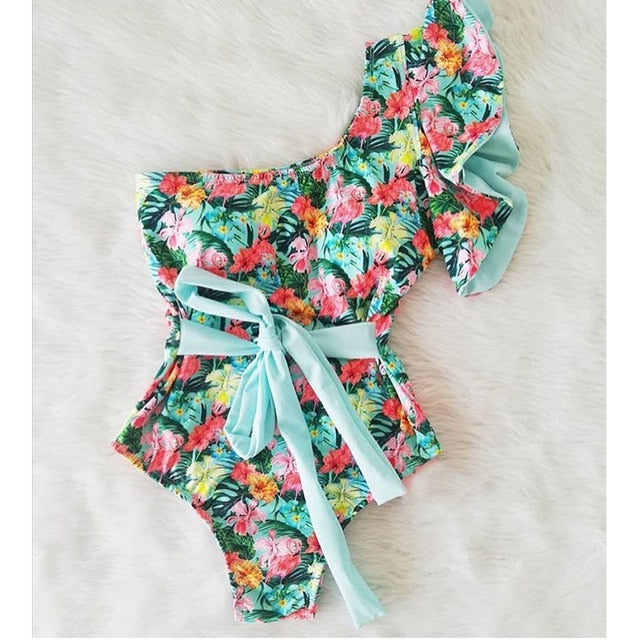 Print Swimwear Deep V-neck Ruffle Swimsuit Push Up One Piece