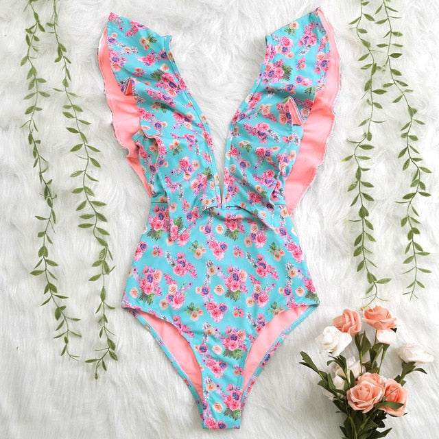 Print Swimwear Deep V-neck Ruffle Swimsuit Push Up One Piece