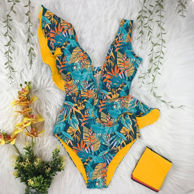 Print Swimwear Deep V Neck Ruffle Swimsuit Push Up One Piece