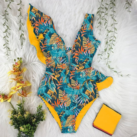 Print Swimwear Deep V-neck Ruffle Swimsuit Push Up One Piece