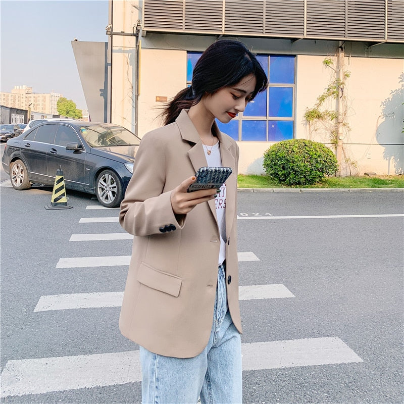 Chic Solid Color Women Casual Blazer Jacket Office Lady Pockets Work Suit