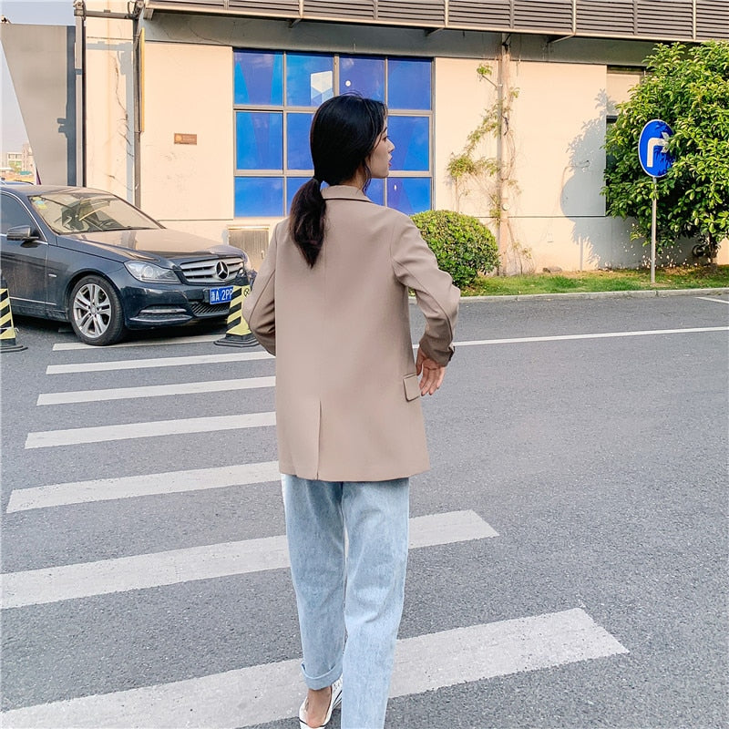 Chic Solid Color Women Casual Blazer Jacket Office Lady Pockets Work Suit