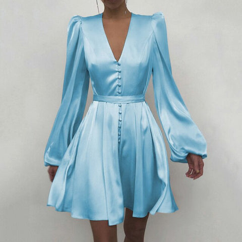 Solid Color Mini Dress V Neck High Waist Line Lantern Long Sleeve Floral