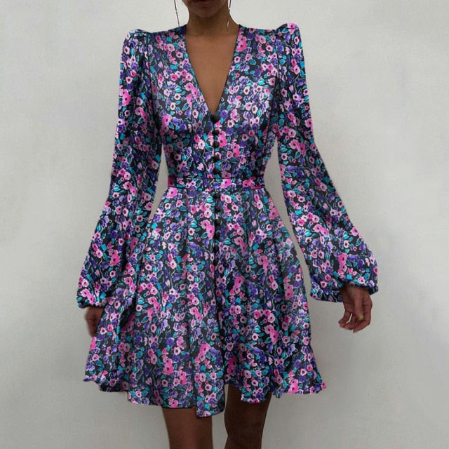 Solid Color Mini Dress V Neck High Waist Line Lantern Long Sleeve Floral