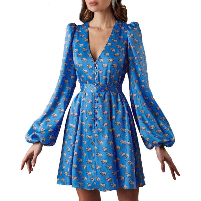 Solid Color Mini Dress V Neck High Waist Line Lantern Long Sleeve Floral