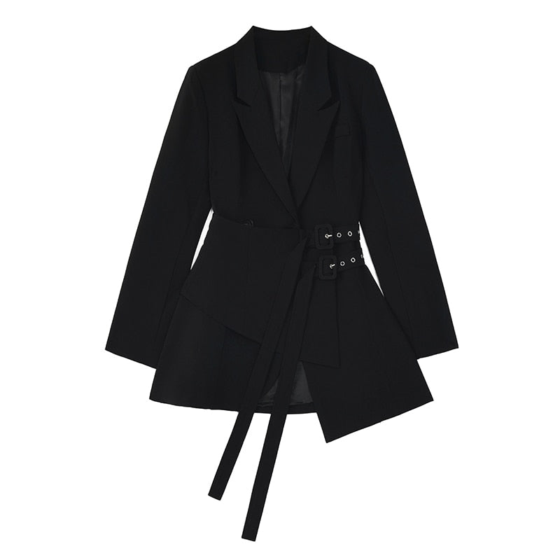 Irregular Bandage Spliced Blazer New Lapel Long Sleeve Loose Fit Jacket Fashion