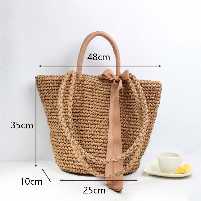 Straw Weave Shoulder Crossbody Bag Lady Bow Ribbon