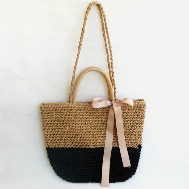 Straw Weave Shoulder Crossbody Bag Lady Bow Ribbon