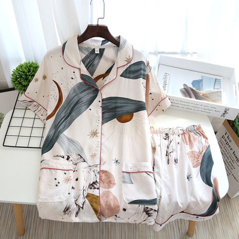 Pajamas Casual Turn-down Collar Short Sleeve Sleepwear Printed