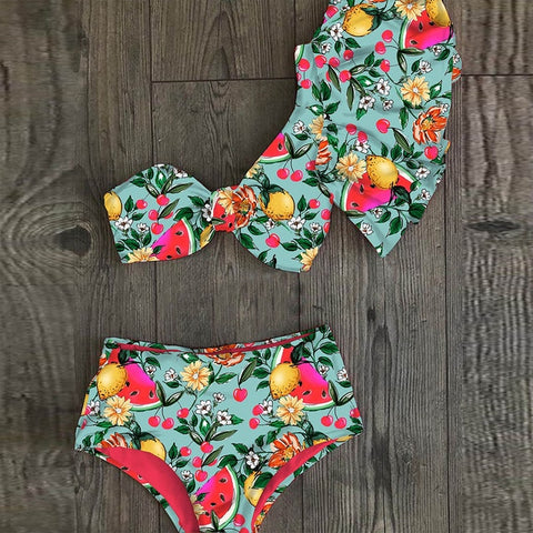 One Shoulder Bikini Set Ruffle Swimwear Beachwear Print