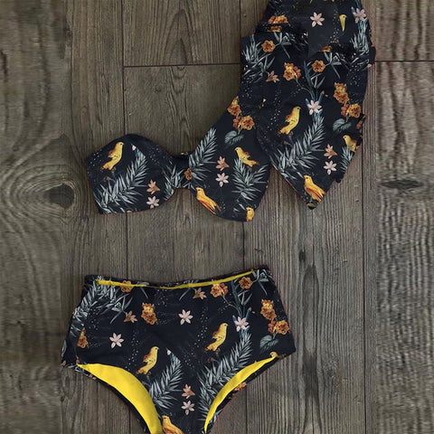 One Shoulder Bikini Set Ruffle Swimwear Beachwear Print