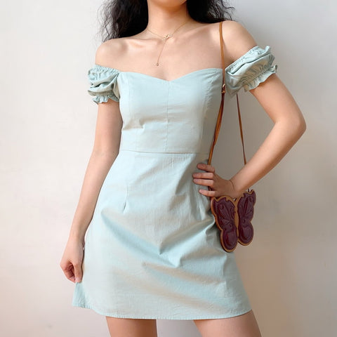 simple casual bodycon square collar high waist elegant puff sleeve A-line